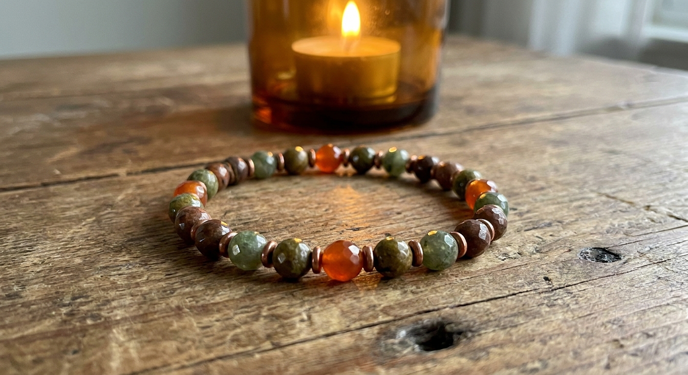 A photorealistic close-up of a handcrafted gemstone bracelet resting on a natural wooden surface with soft amber candlelight in the background, warm earthy tones and crystal beads catching the light. Alt: handcrafted crystal healing bracelet for aura cleansing on wooden surface.