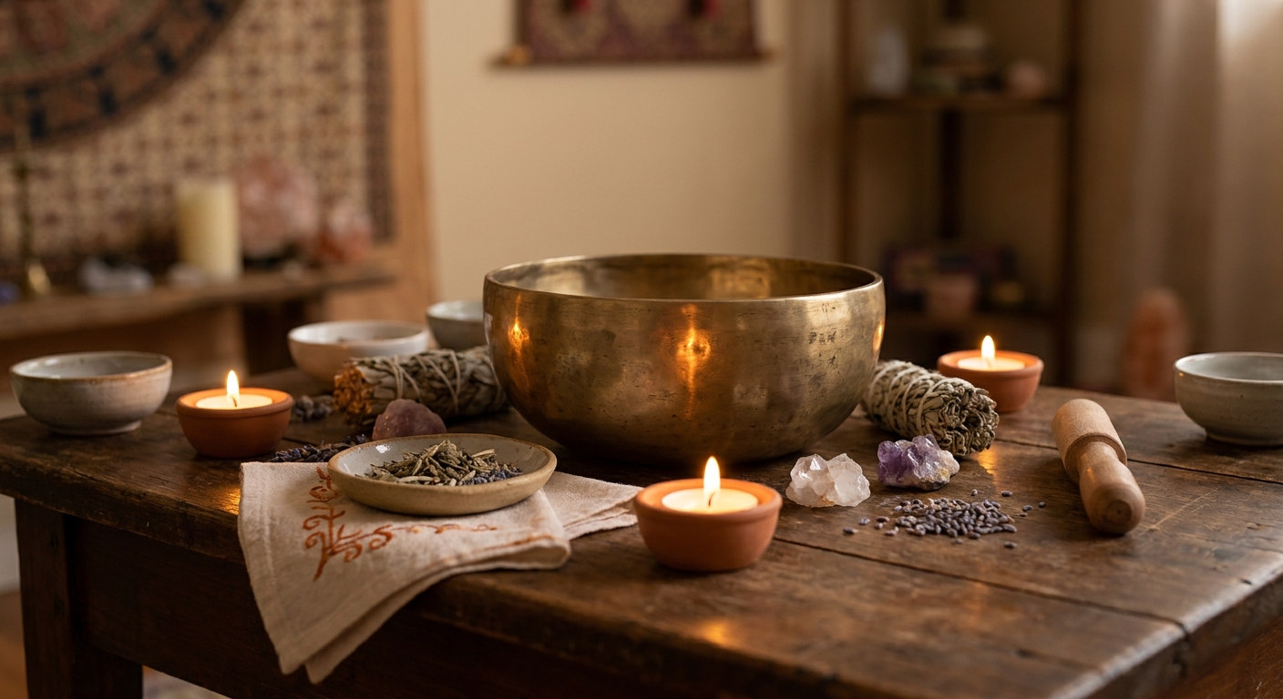 A photorealistic scene of a brass Tibetan singing bowl resting on a wooden altar surface with soft candlelight, dried herbs, and small crystals arranged nearby, warm amber and terracotta tones. Alt: Tibetan singing bowl for sound healing and aura cleansing at home.