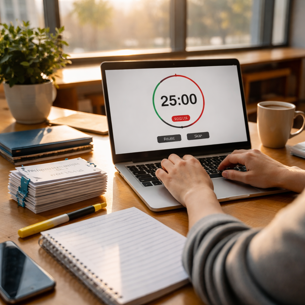 A photorealistic desk scene showing a student using a laptop with a visible Pomodoro timer on screen, a stack of flashcards, and a notebook on a tidy study desk, early morning light in a quiet campus library. Alt: Student studying with Pomodoro timer and spaced repetition flashcards in a realistic campus library setting.