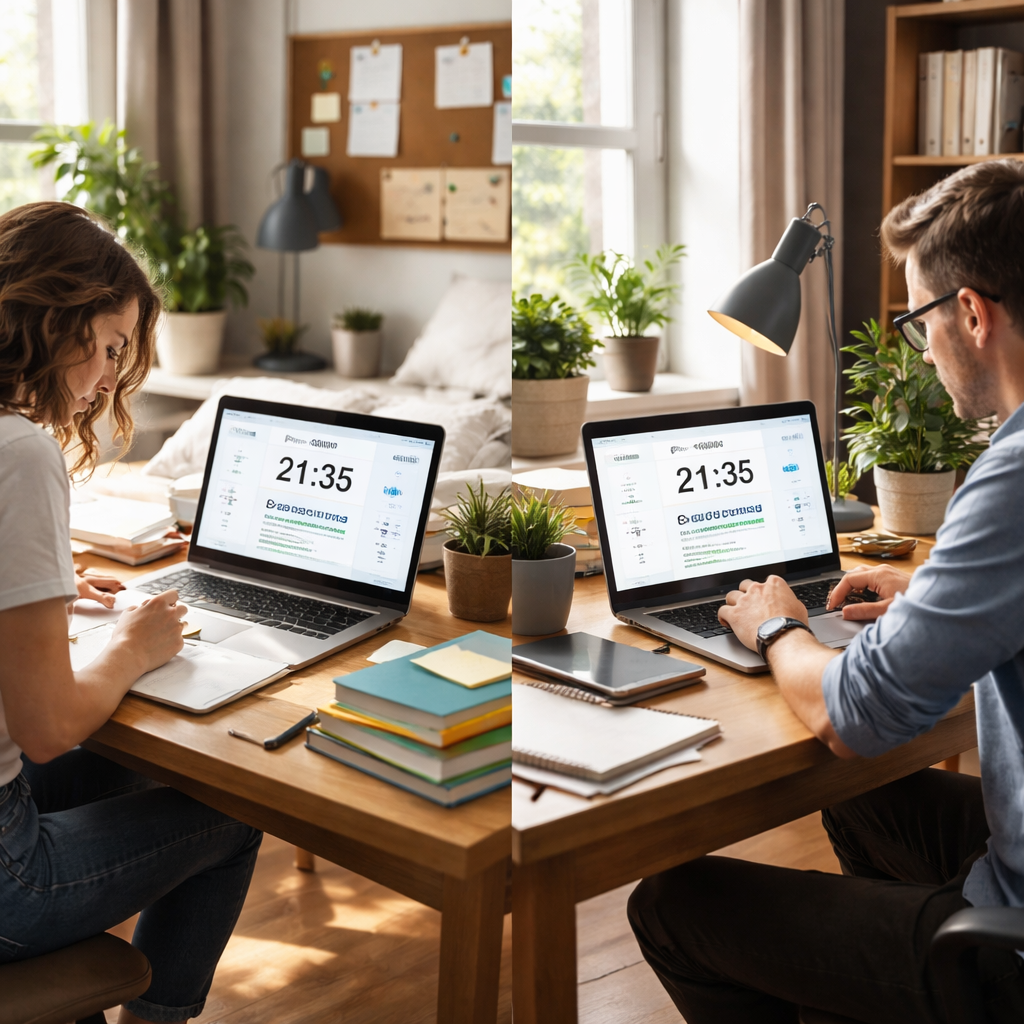 A photorealistic scene of a student and a remote worker sitting at separate desks, each with a laptop showing a Pomodoro timer synced to a spaced‑repetition app, natural lighting, realistic textures, Alt: Automating Pomodoro and spaced repetition workflow