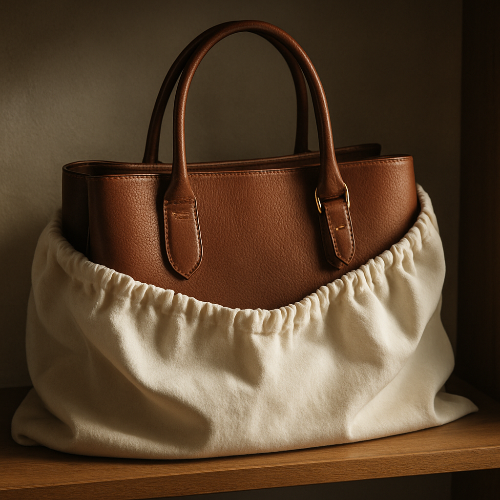 A luxury leather tote gently placed inside a breathable cotton dust bag on a wooden shelf, soft natural light highlighting the bag’s texture and hardware. Alt: Properly stored leather bag in a cool, dry environment for longevity.