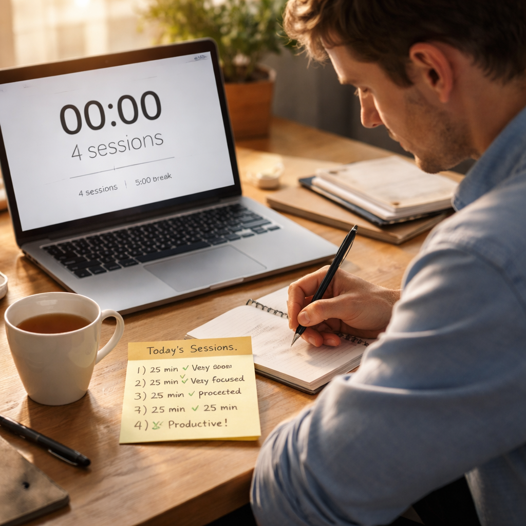 A photorealistic scene of a young professional sitting at a desk, laptop open with a Pomodoro timer, a handwritten sticky note showing numbers and brief feedback next to a cup of tea, soft natural lighting, Realism style. Alt: End of session reflection with objective data and feedback.