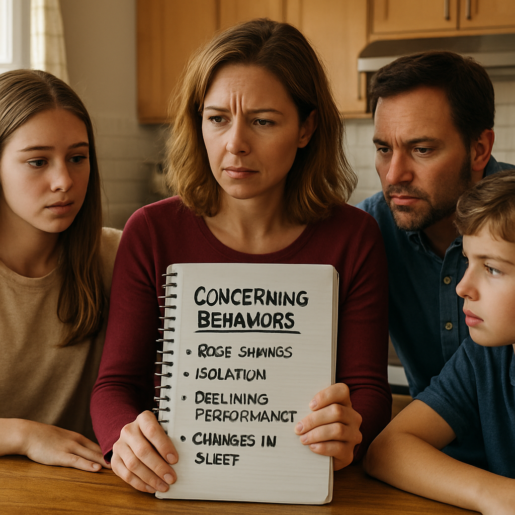 A family gathered around a kitchen table, one person holding a notebook with notes about concerning behaviors. Alt: Recognizing signs for an intervention