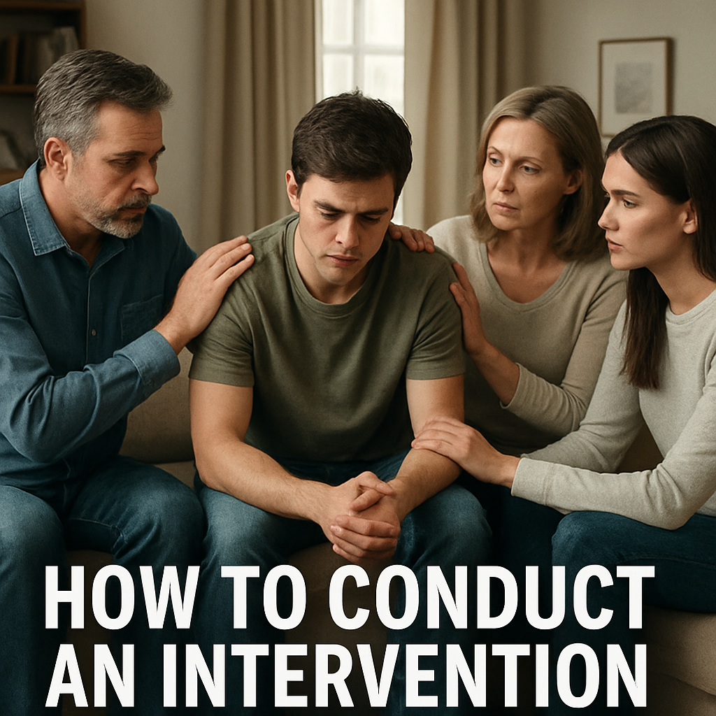 A family sitting together in a calm living room during an intervention, showing supportive body language. Alt: How to conduct an intervention step by step.