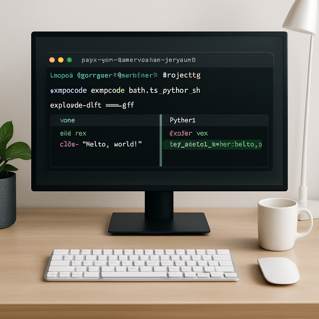 A clean developer workstation showing a terminal with a virtual environment activated, a SwapCode CLI command, and a side‑by‑side diff of bash vs Python output. Alt: AI‑powered bash to python conversion workflow illustration.