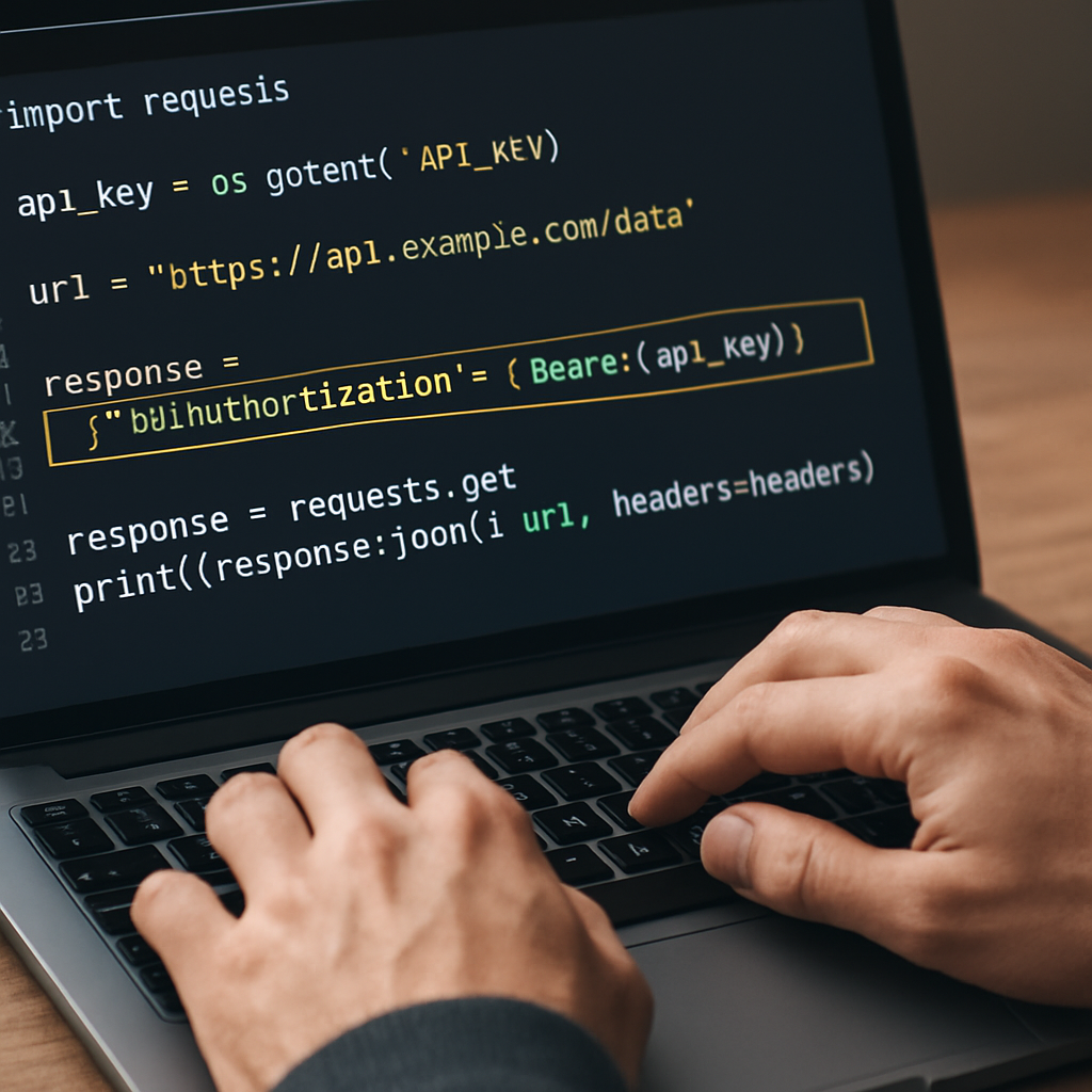 An illustration of a developer typing a Python script with a highlighted Authorization header dictionary, showing environment variable usage. Alt: 