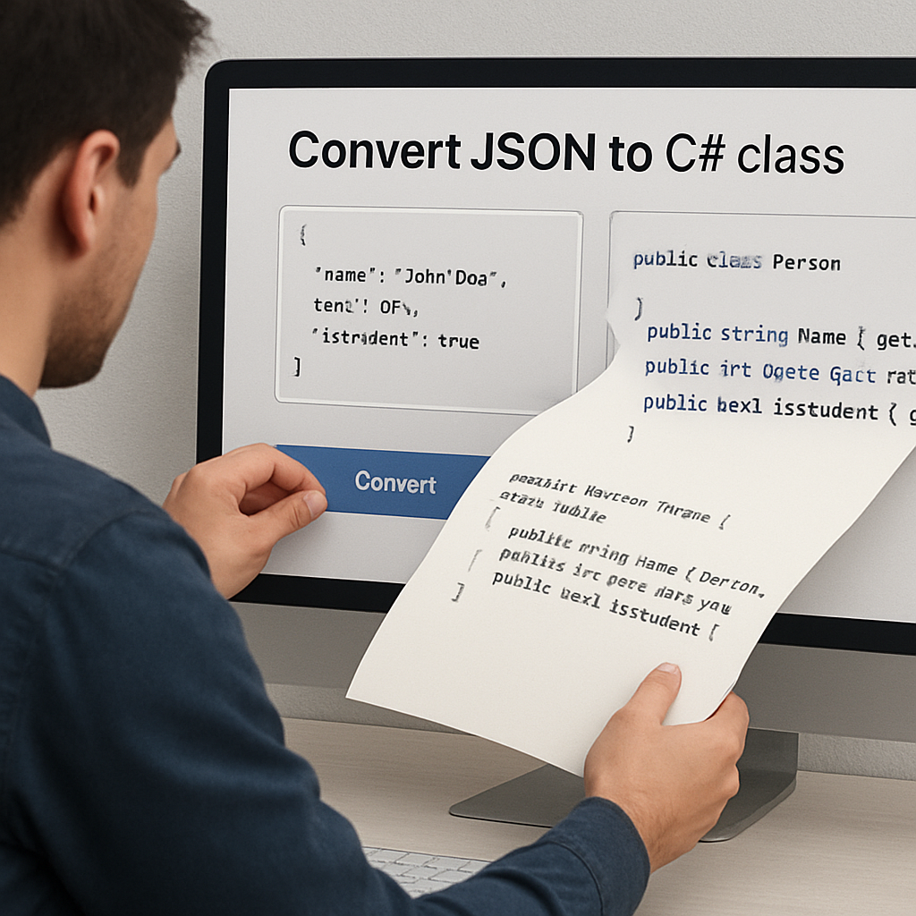 An AI‑generated illustration of a developer dragging a JSON payload into a sleek online converter interface, with the resulting C# class code flowing out like a ribbon. Alt: Convert JSON to C# class online – visual guide