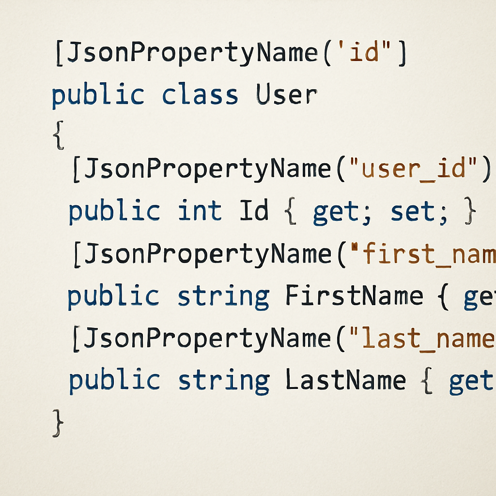 An illustration of a C# class with JsonPropertyName attributes highlighting the mapping between snake_case JSON keys and PascalCase properties. Alt: Visual guide to adding custom JSON attributes in C# models.