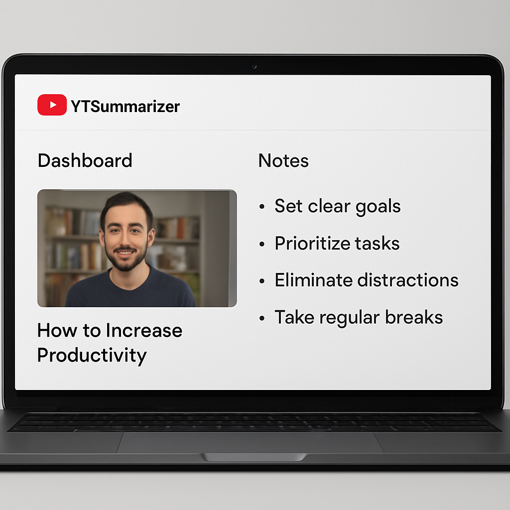 A sleek laptop screen showing a YTSummarizer dashboard with bullet‑point notes generated from a YouTube video