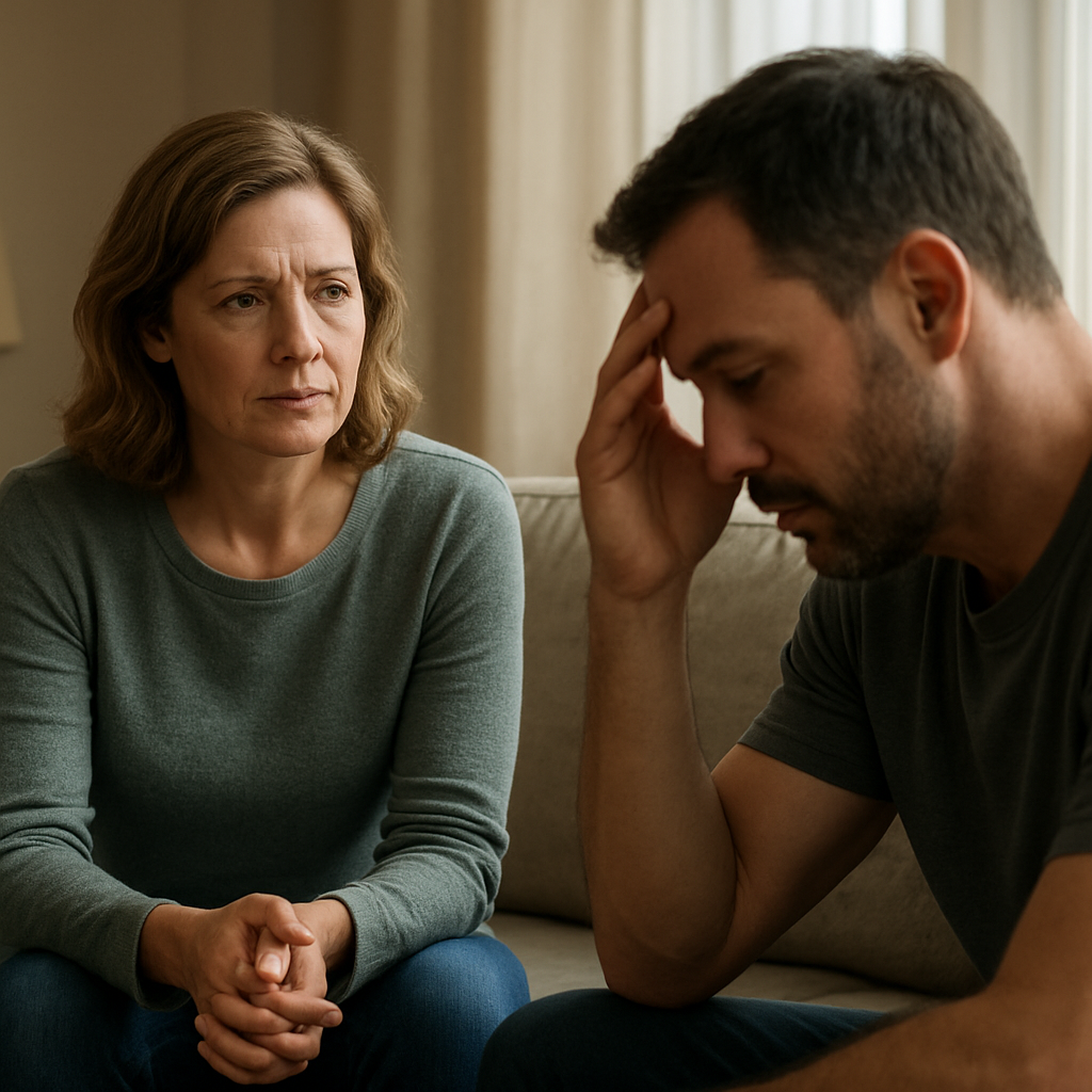 A calm living room scene where a family member sits on a couch, looking at another person with concern. Alt: Family preparing to talk about addiction