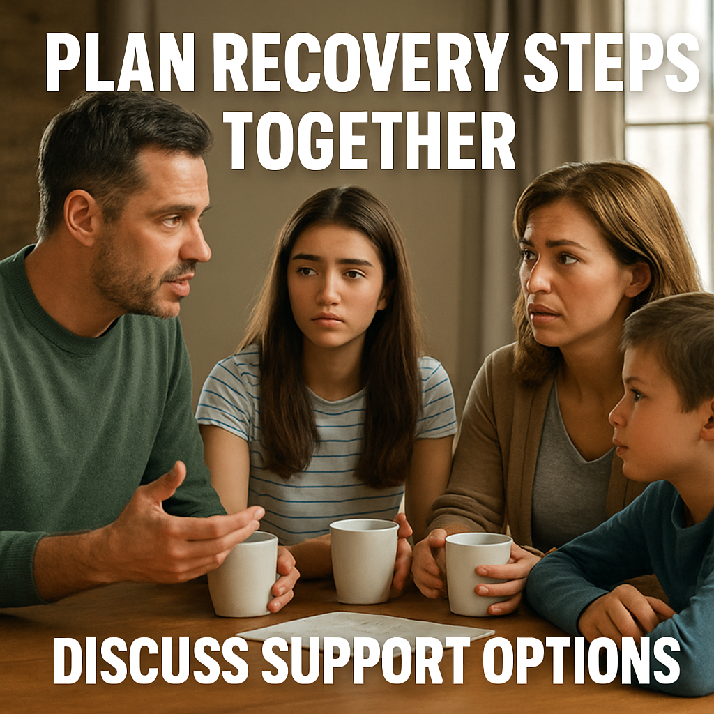 A family planning recovery steps together over coffee, showing a supportive conversation. Alt: Family discussing support options