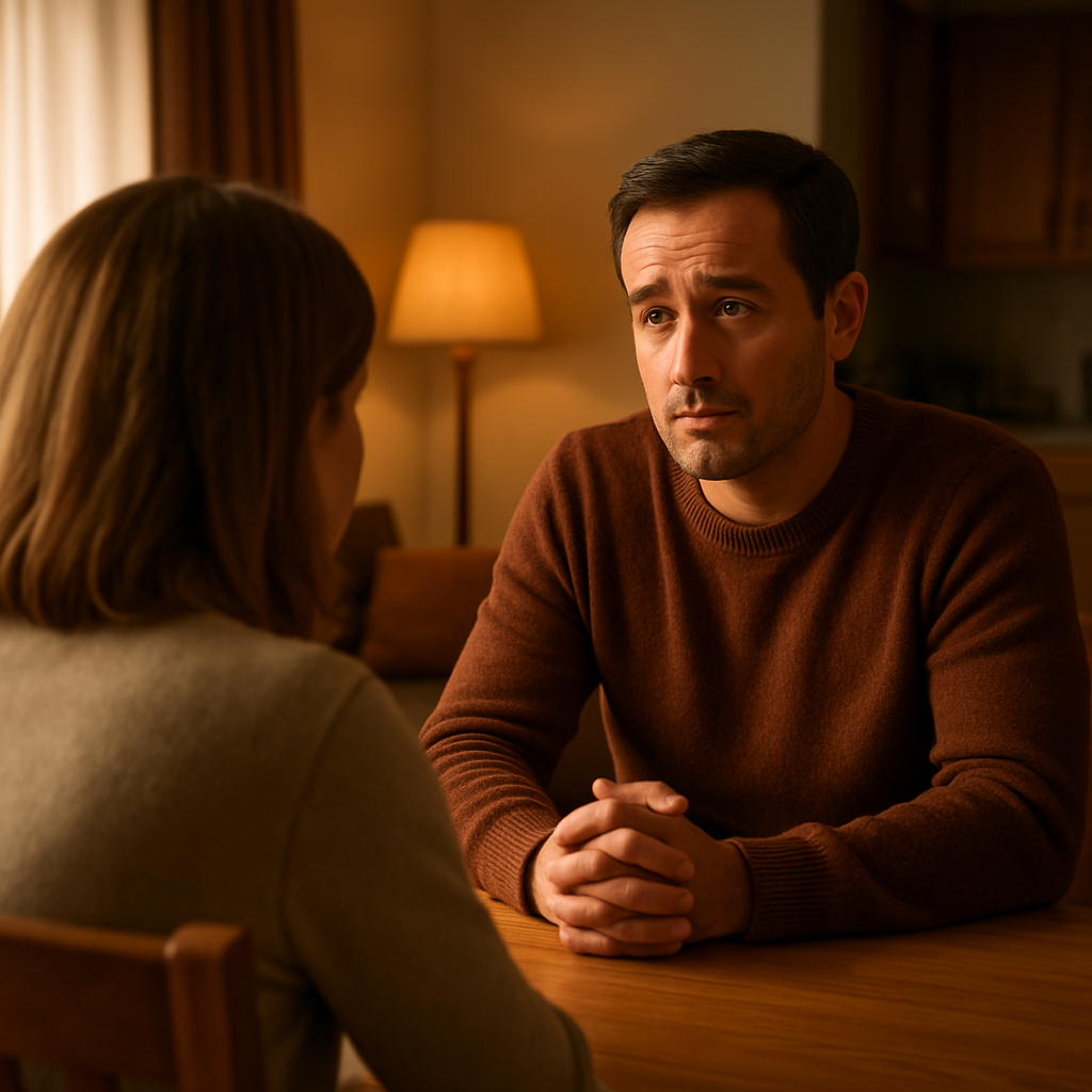 A warm living room scene where a family member sits across a kitchen table, listening intently with a supportive expression. The setting feels safe and intimate, emphasizing trust and connection. Alt: Building trust before discussing rehab with a loved one.