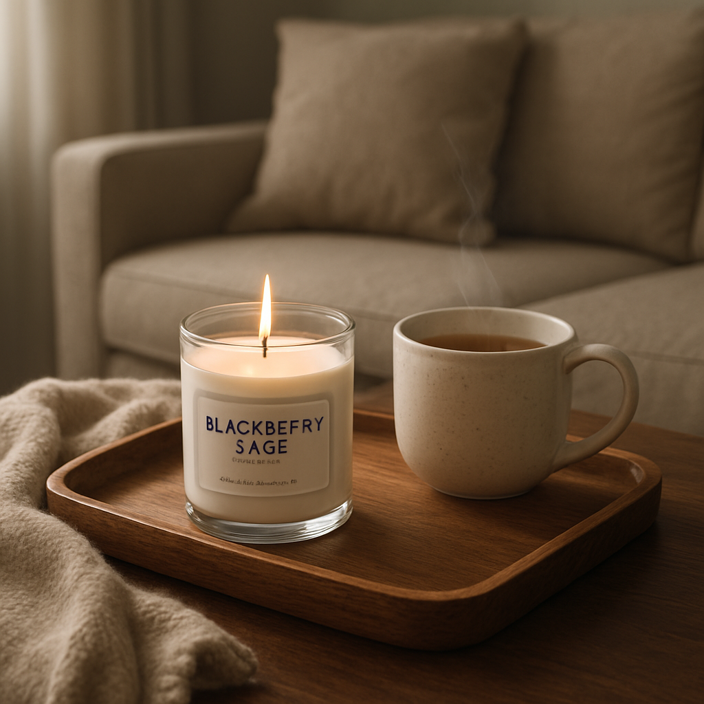 A cozy living room tabletop featuring a freshly poured blackberry sage candle in a clear glass jar, surrounded by a handcrafted wooden tray, a steaming cup of herbal tea, and a soft blanket. Alt: blackberry sage candle on wooden tray in home décor.