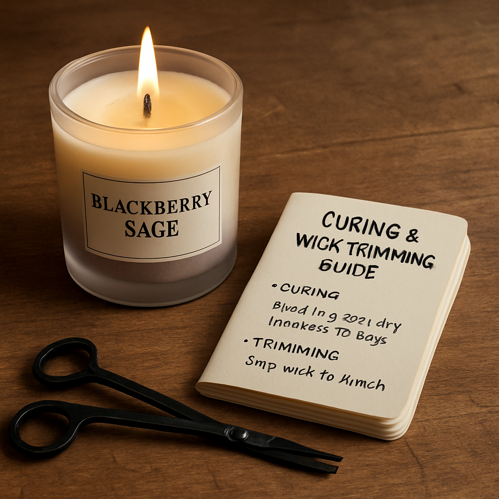 A cozy tabletop with a lit blackberry sage candle, a trimmed wick, and a small notebook listing curing and trimming steps. Alt: blackberry sage candle curing and wick trimming guide