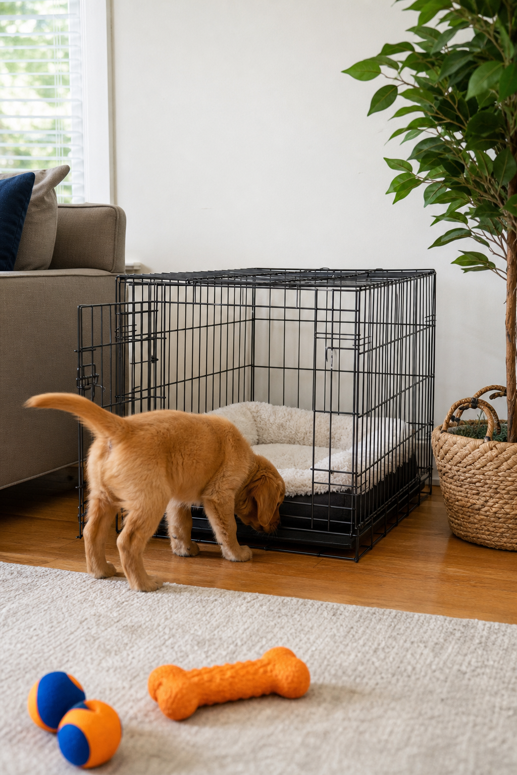 A photorealistic image of a wire dog crate in a living room, with a soft bed inside and a puppy sniffing the entrance. Alt: Puppy exploring a properly sized wire crate in a home setting.
