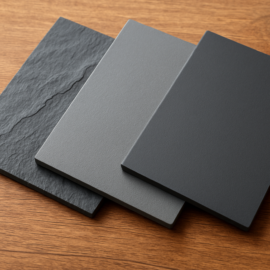A close‑up of three different slate materials – natural slate with veining, smooth engineered stone, and lightweight polymer composite, arranged on a wooden table. Alt: custom photo slate material comparison showing texture and finish.