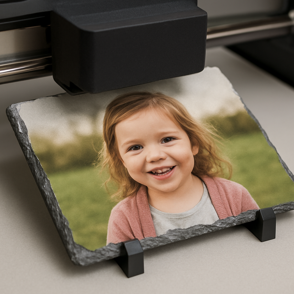 A close‑up of a custom photo slate being printed, showing the high‑resolution image on a light grey stone surface with a subtle standing base. Alt: custom photo slate preparation and printing process
