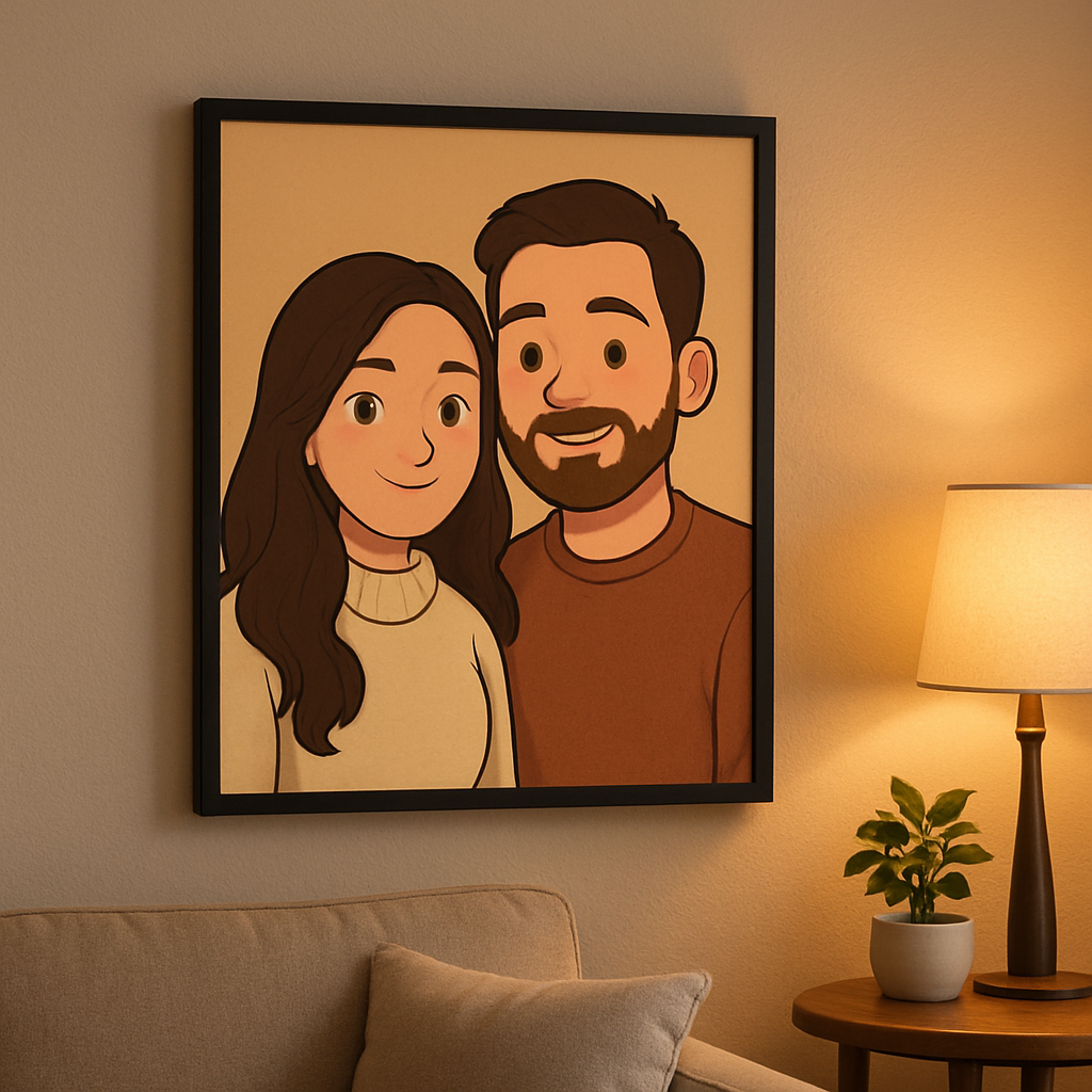 A cozy living room wall showcasing a custom cartoon couple portrait in a sleek canvas frame, with warm lighting and a small plant on a side table. Alt: custom cartoon couple portrait displayed in a modern home setting.