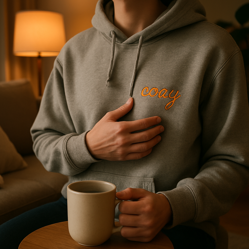 A cozy living room scene with a person wearing a custom embroidered hoodie, showing the embroidered design on the chest, soft lighting, and a coffee mug on a side table. Alt: Custom embroidered hoodie being worn and cared for.