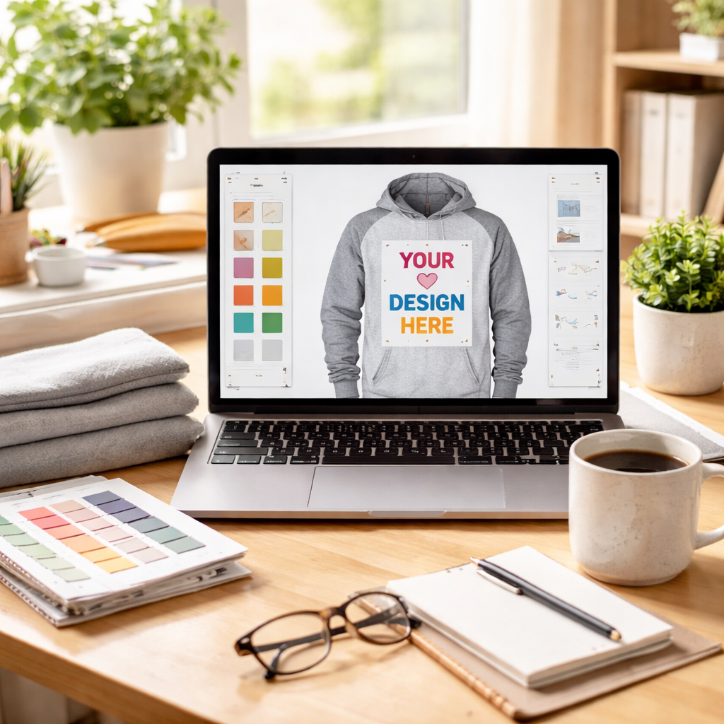 A photorealistic scene of a home office desk with a laptop open to a custom hoodie design mock‑up, a swatch of soft cotton‑poly blend fabric, and a coffee mug beside it, bright natural light streaming in, representing moms, dads, teachers, and nurses planning their hoodie project.