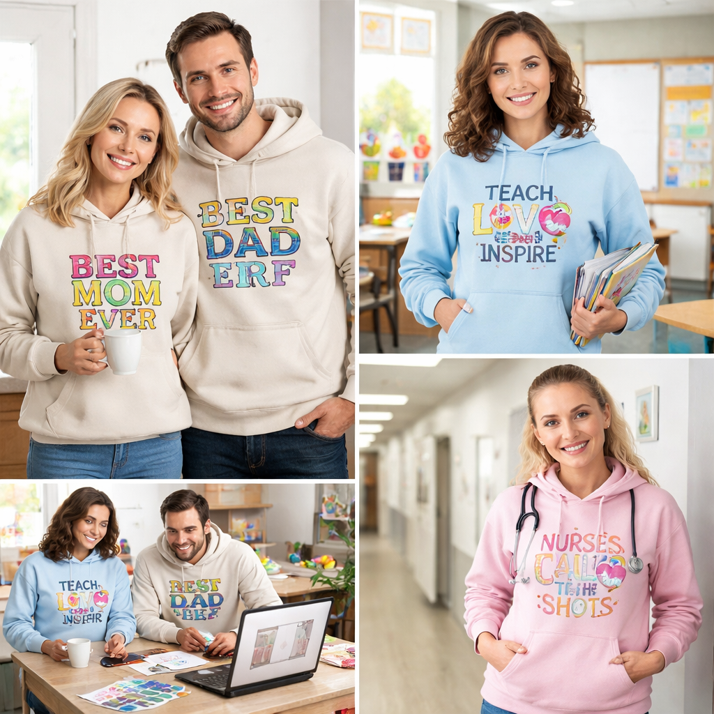 A photorealistic scene showing a mom, a dad, a teacher, and a nurse trying on clean, custom-printed hoodies in bright, everyday settings—classroom corner, clinic hallway, and kitchen table, with a laptop open to a design mockup and swatches of fabric nearby. Alt: Realistic group wearing custom hoodie print on demand designs, ready for daily wear.