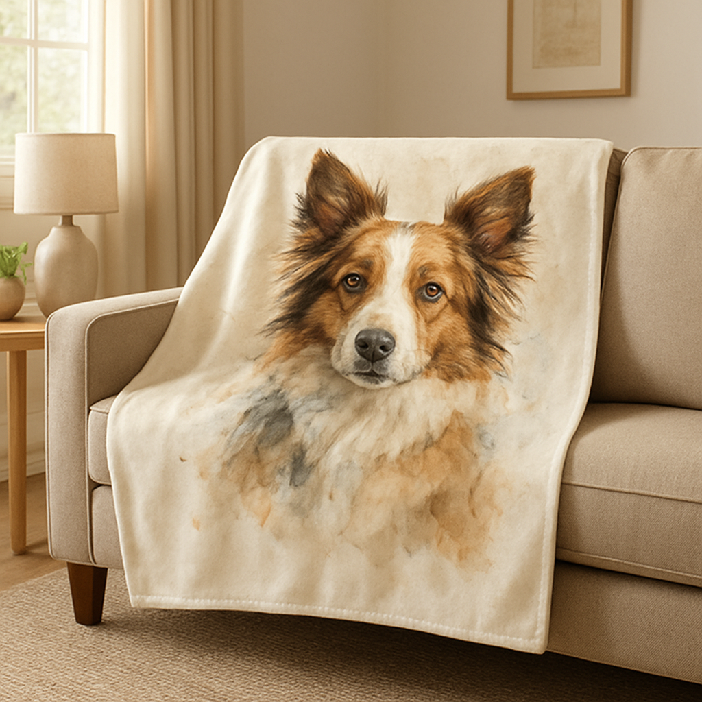 A cozy living room scene with a custom pet portrait blanket draped over a sofa, showing a dog’s face in watercolor style. Alt: custom pet portrait blanket displayed in a home setting