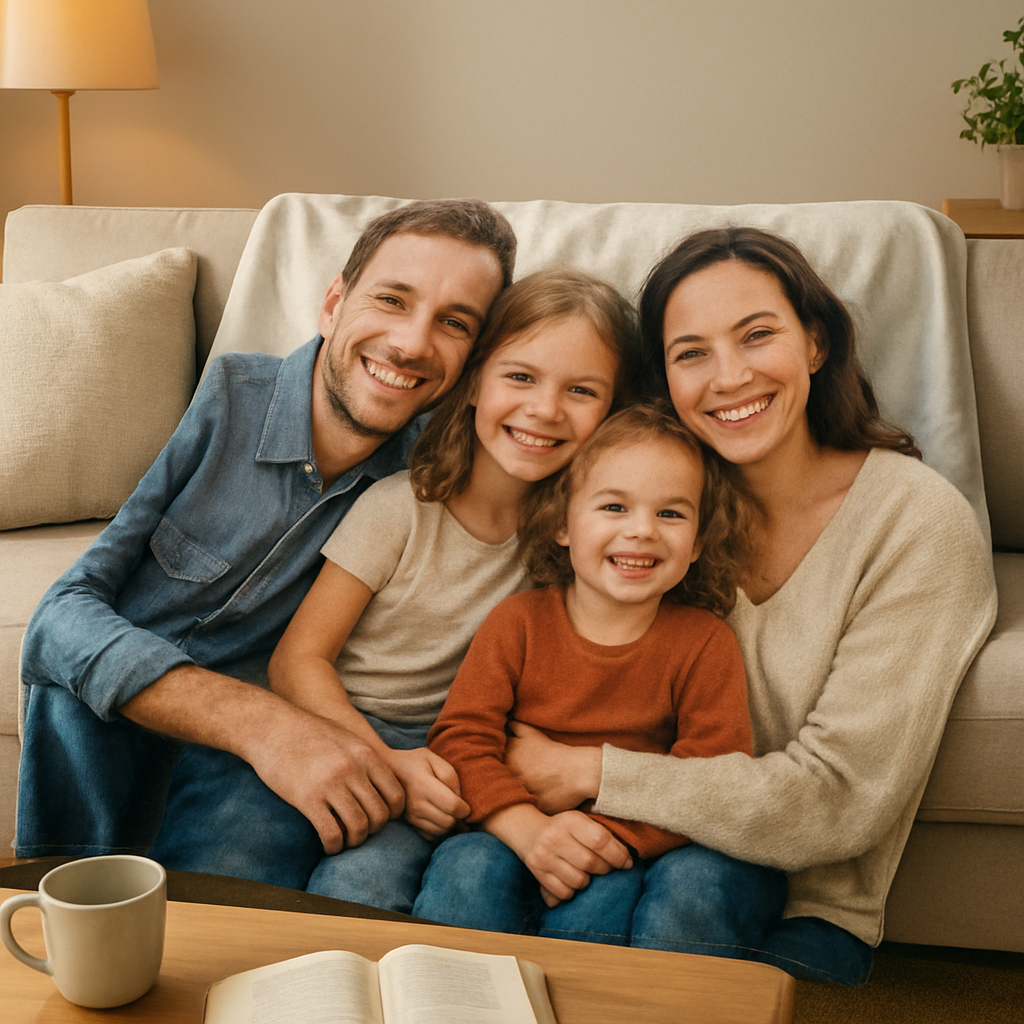 A cozy living room scene with a custom photo blanket draped over a sofa, showing a vivid family photo printed on soft fleece. Alt: custom photo blanket care and preservation guide