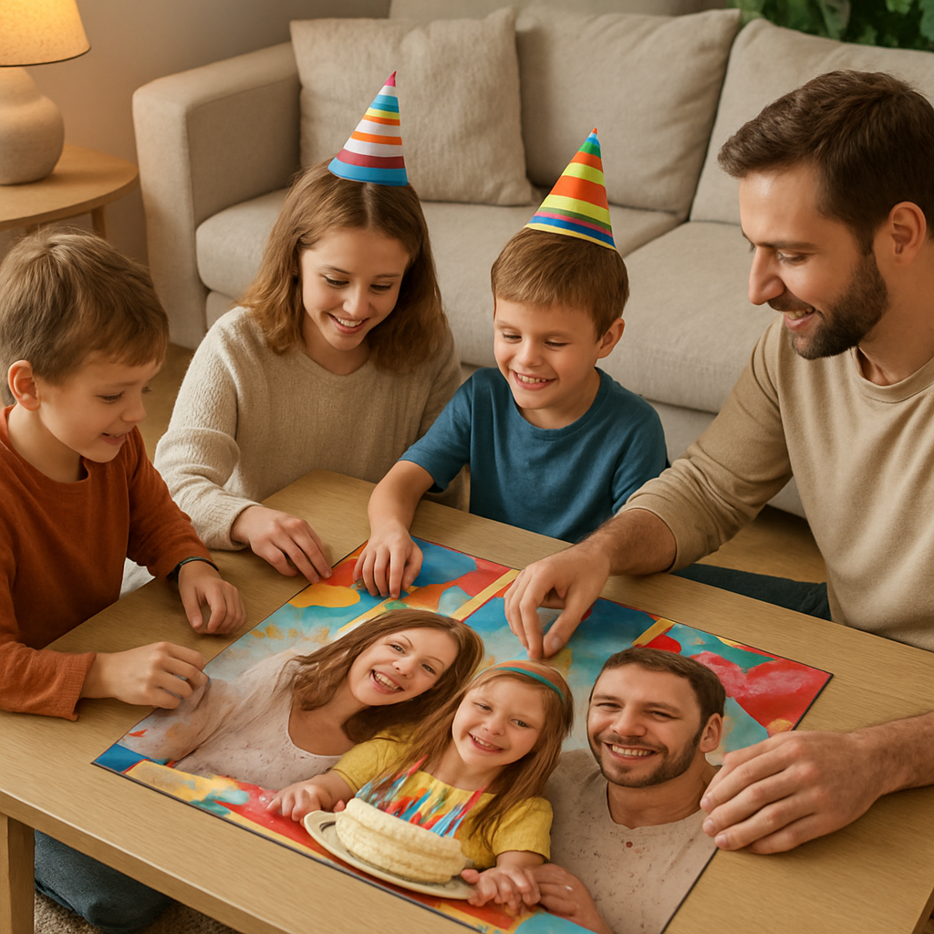 A cozy living room scene where a family is assembling a custom photo jigsaw puzzle featuring a bright, colorful birthday photo. Alt: custom photo jigsaw puzzle being assembled on a coffee table, showcasing vibrant image and happy family.
