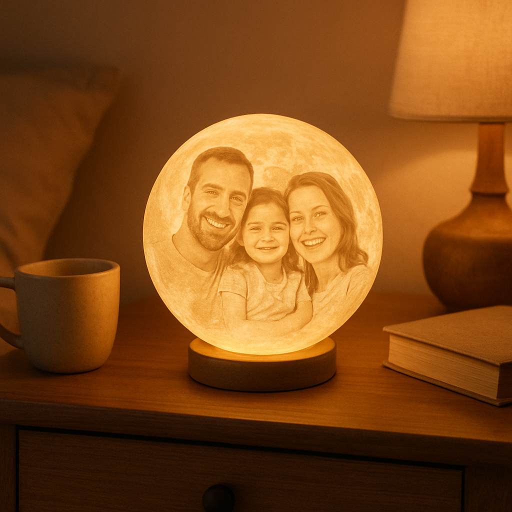 A cozy nightstand with a glowing custom photo moon lamp casting a memory-filled light, showing a family portrait on the lamp surface. Alt: custom photo moon lamp glowing memory