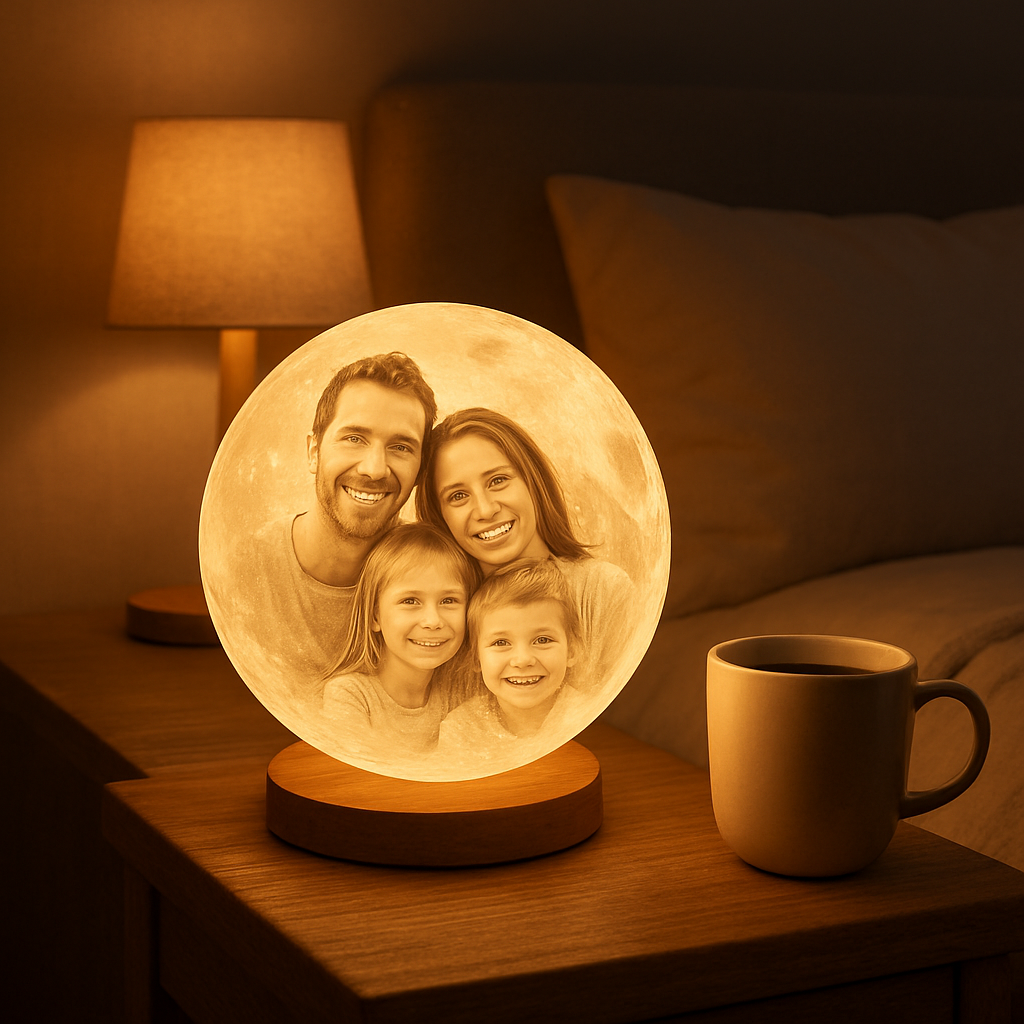 A cozy bedroom night‑stand featuring a custom photo moon lamp glowing with a family portrait, soft ambient lighting, and a coffee mug nearby. Alt: custom photo moon lamp illuminating a personal photo on a night‑stand.
