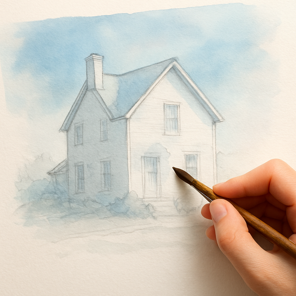 A watercolor artist gently brushing a soft sky wash over a sketch of a house, capturing the transition from light to shadow. Alt: custom watercolor house portrait technique illustration.