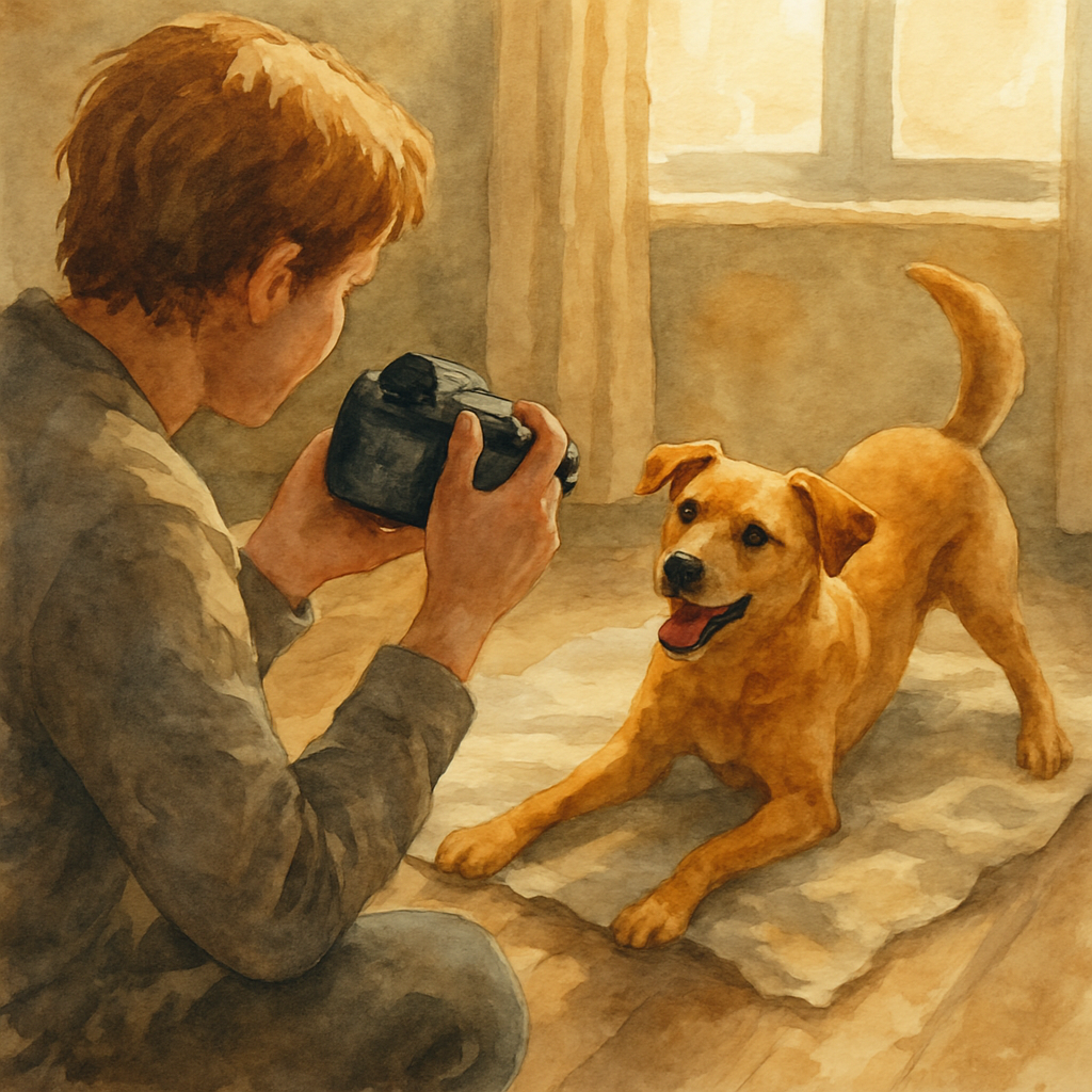 A cozy scene of a pet owner holding a camera, capturing a playful dog in natural light. Alt: custom watercolor pet portrait printable download photo selection
