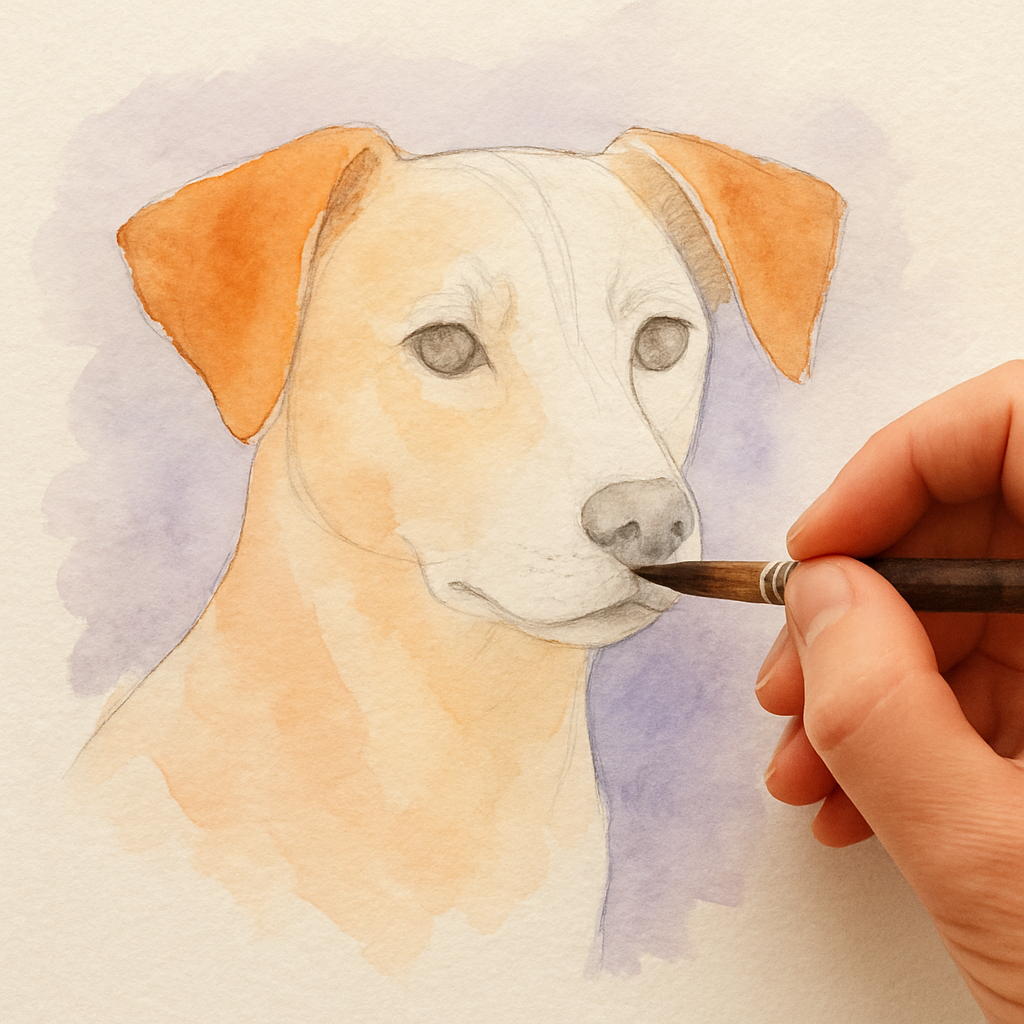 A watercolor artist applying soft base layers to a pet portrait sketch, showing wet-on-wet technique and a hint of complementary color. Alt: custom watercolor pet portrait printable download base layers