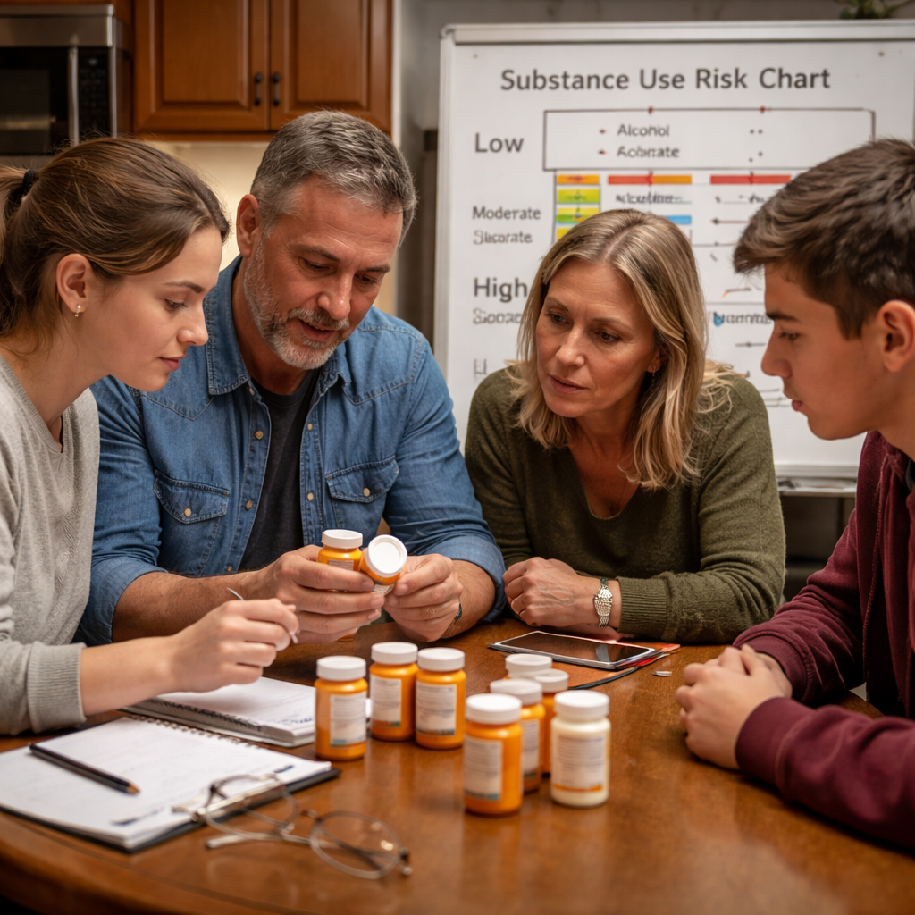 A photorealistic scene of a family gathered around a kitchen table, reviewing medication bottles and a handwritten risk chart on a whiteboard. Realism style, showing calm focus, suitable for families dealing with substance use concerns.