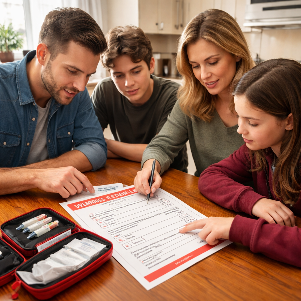 A photorealistic scene of a family gathered around a kitchen table reviewing a printed overdose action plan, checking boxes and pointing at a naloxone kit. Alt: Family reviewing overdose plan together.