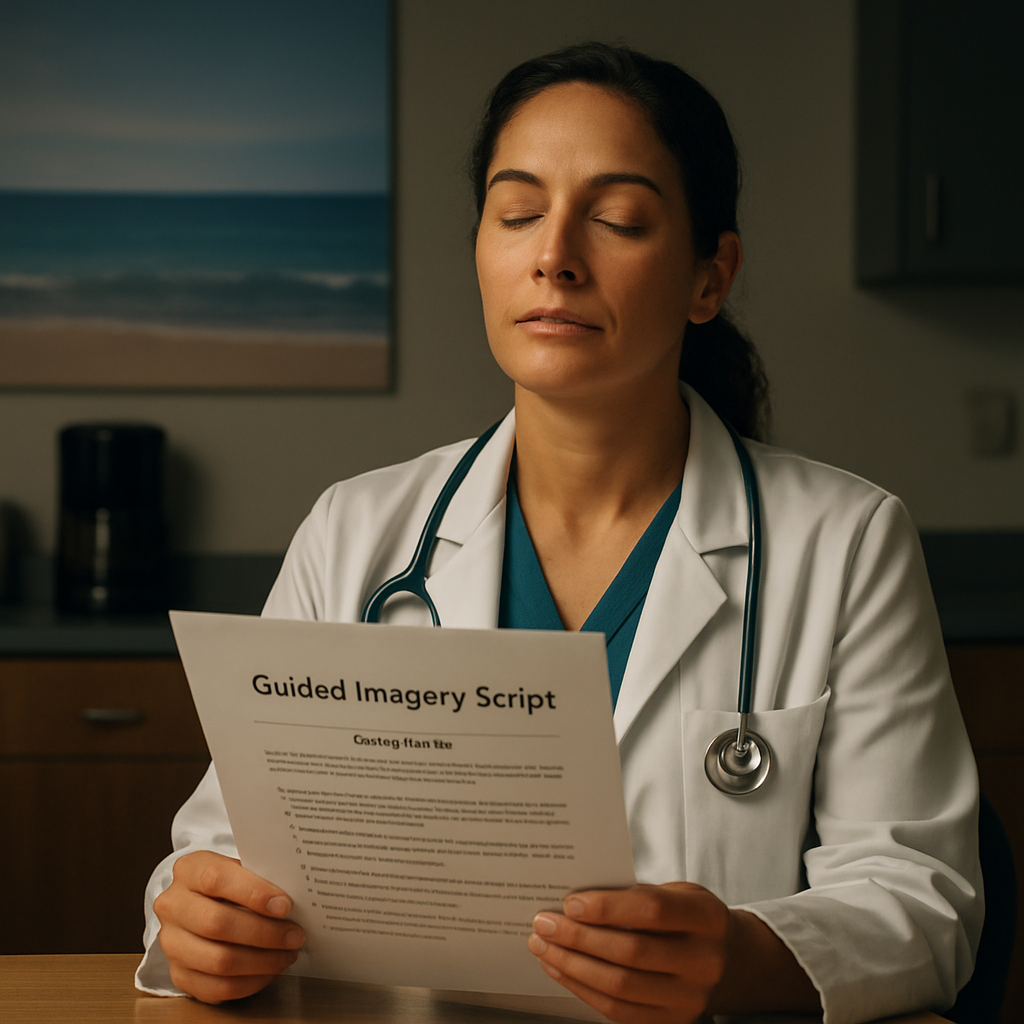 A calm clinician sitting in a break room, eyes closed, visualising a tranquil beach scene, holding a printed guided imagery script pdf. Alt: guided imagery script pdf for clinicians visualising relaxation