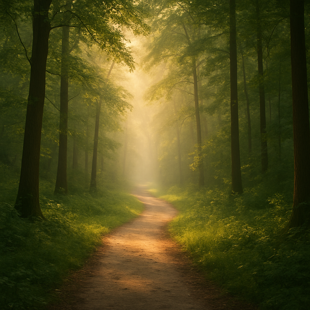 A serene forest path with soft morning light, suitable for a guided imagery script PDF. Alt: calming forest visual for guided imagery script pdf.
