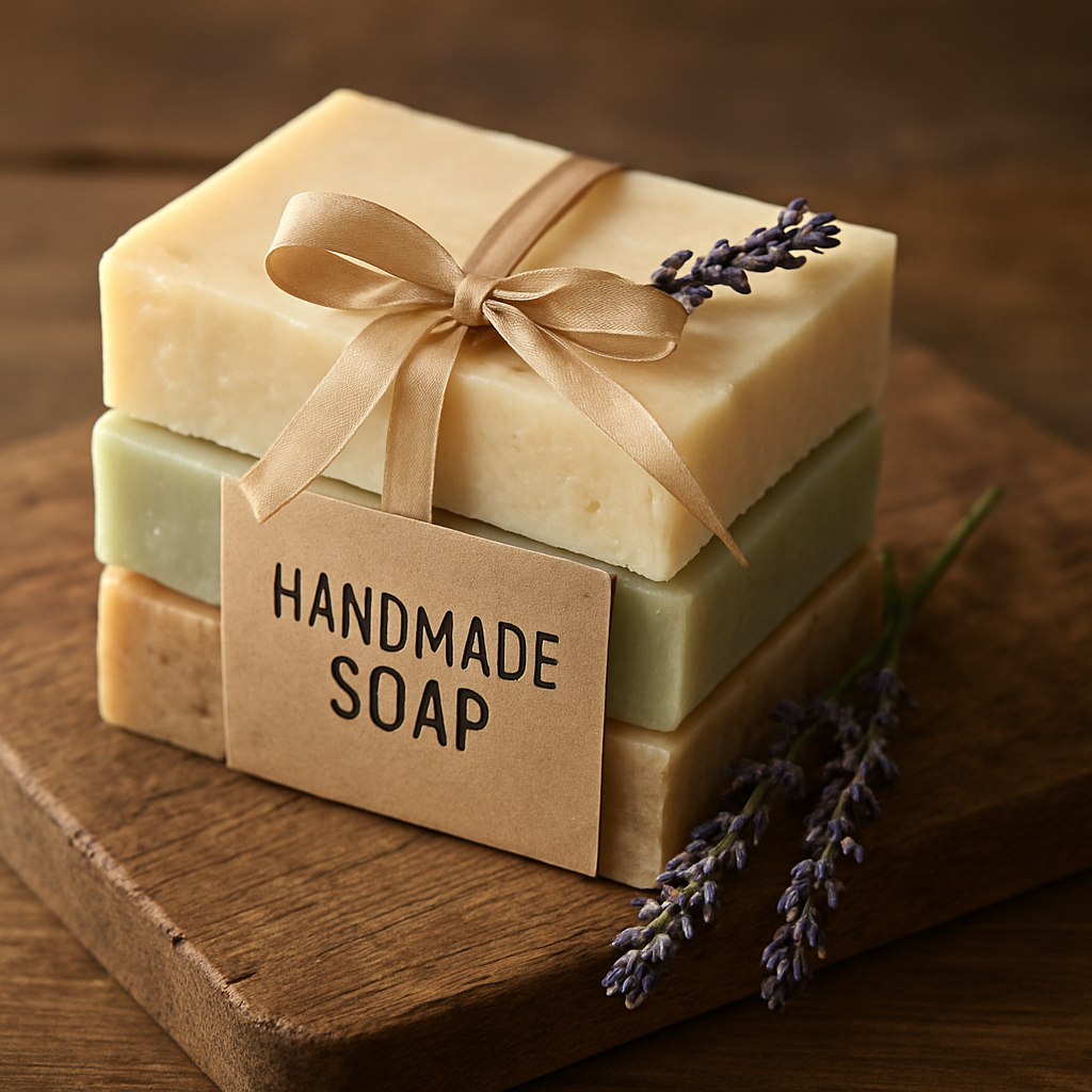 A beautifully arranged handmade soap gift set on a rustic wooden board, with natural lighting highlighting the soaps, label, ribbon, and a sprig of lavender. Alt: Handcrafted soap gift set photography showing elegant presentation.