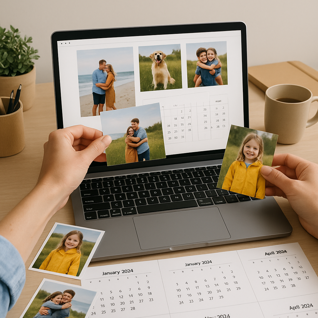 An inviting workspace showing hands placing favorite photos into an online calendar design tool, demonstrating the creation of a personalized calendar photo gift. Alt: Personalized calendar photo gift design process with photos arranged on calendar pages online.