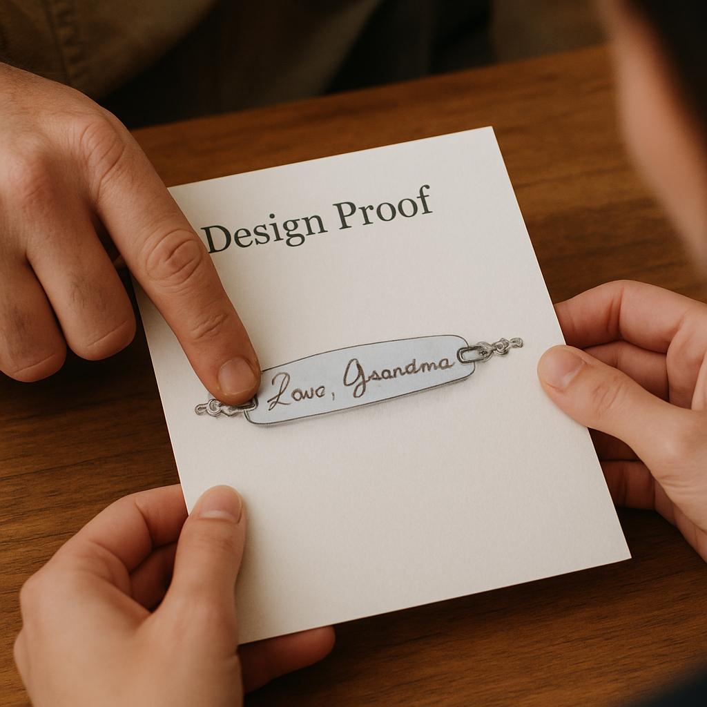 An artisan and a customer reviewing a detailed design proof for a custom handwriting jewelry gift; Alt: Close-up of a hands-on design proof showing personalized handwriting engraving.