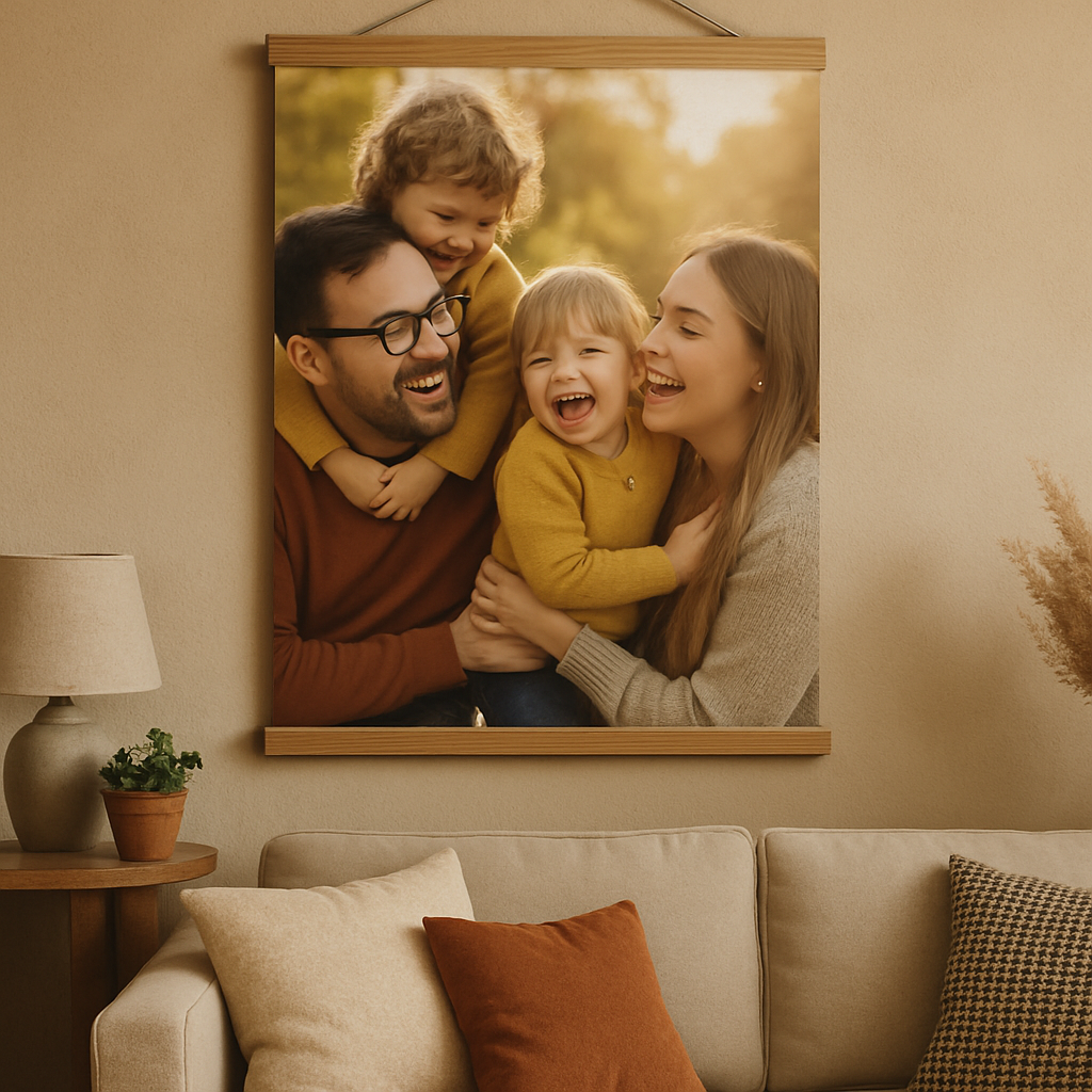 A cozy living room wall with a vibrant custom photo hanging canvas gift showing a joyful family moment. Alt: Custom photo hanging canvas gift of a happy family displayed on a living room wall