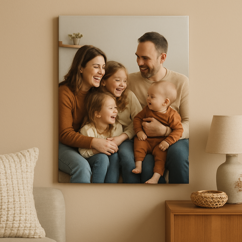 A cozy home wall with a beautifully hung custom photo canvas gift featuring a warm family moment. Alt: Custom photo hanging canvas gift displayed on a living room wall bringing warm, personal vibes.