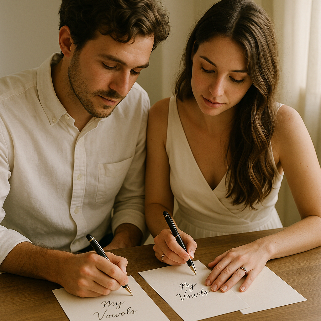 A couple sitting together, writing their wedding vows on paper with soft natural light, symbolizing the heartfelt moment of vow creation. Alt: A couple crafting their wedding vows for a custom wedding vow print gift.