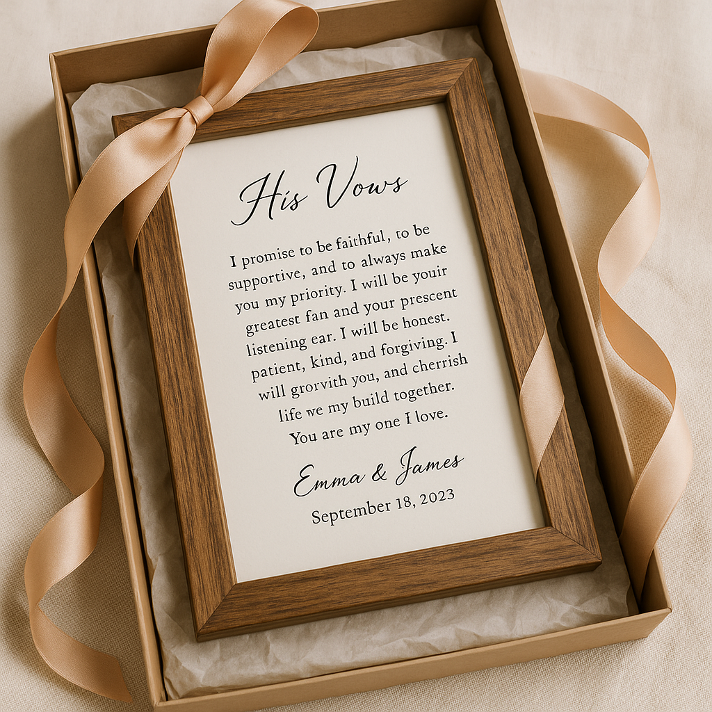 A beautifully framed custom wedding vow print in a rustic wooden frame, elegantly packaged in a gift box with soft ribbon. Alt: Framed custom wedding vow print gift showcasing heartfelt vows with charming packaging.