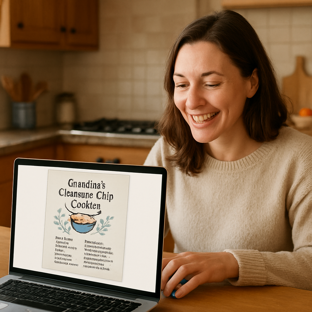 A happy person reviewing a digital proof of a custom recipe tea towel on a laptop with a cozy kitchen background. Alt: A print on demand custom recipe tea towel gift being reviewed before ordering.