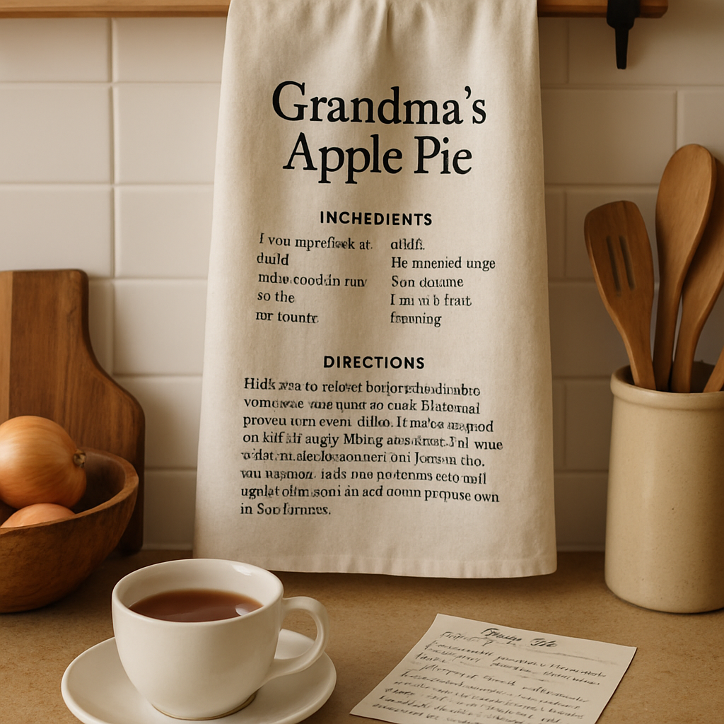 A cozy kitchen scene featuring a beautifully printed custom recipe tea towel hanging on a rack with a cup of tea and a recipe card nearby. Alt: Print on demand custom recipe tea towel gift displayed in a warm kitchen setting.