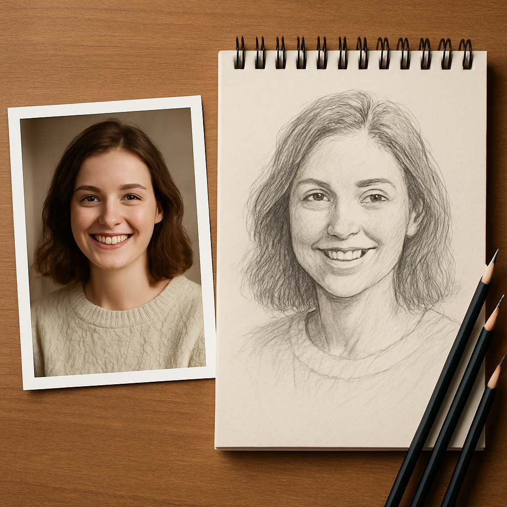 A well‑lit portrait photo on a desk beside a sketchpad and graphite pencils, showing the transition from photo to sketch. Alt: Choosing the right photo for a pencil sketch portrait from photo