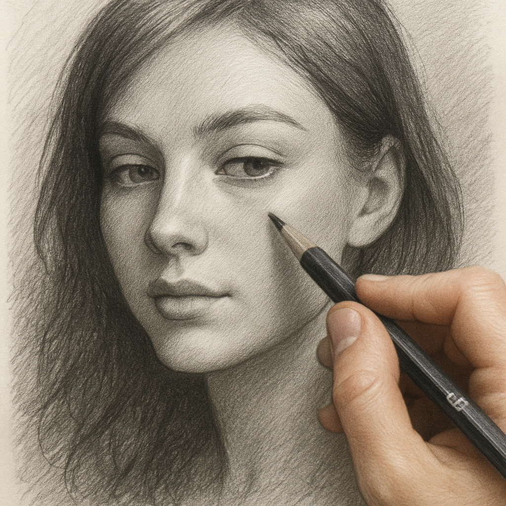A close‑up of a hand shading a portrait with a 4B pencil, showing smooth gradient transitions and subtle texture on hair and skin. Alt: pencil sketch portrait shading techniques
