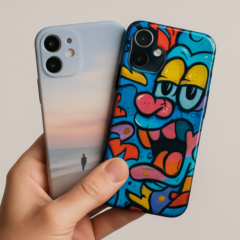 A close‑up of a hand holding two phone cases – one soft matte TPU with a pastel photo, the other glossy polycarbonate with a vibrant street‑art image. Alt: Custom photo phone case material comparison showing matte and glossy finishes.