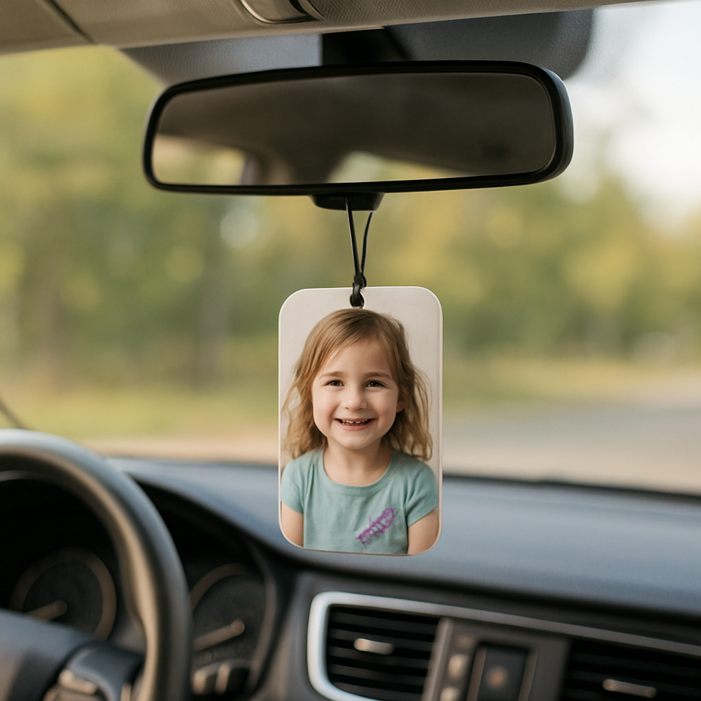 A fresh car interior with a personalized photo air freshener on the rear-view mirror, showing a smiling child photo and a hint of lavender scent. Alt: personalized photo air freshener installed in car.